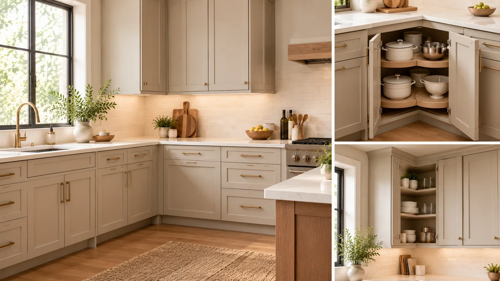 Corner cabinet types including L-shaped, diagonal, and lazy Susan configurations