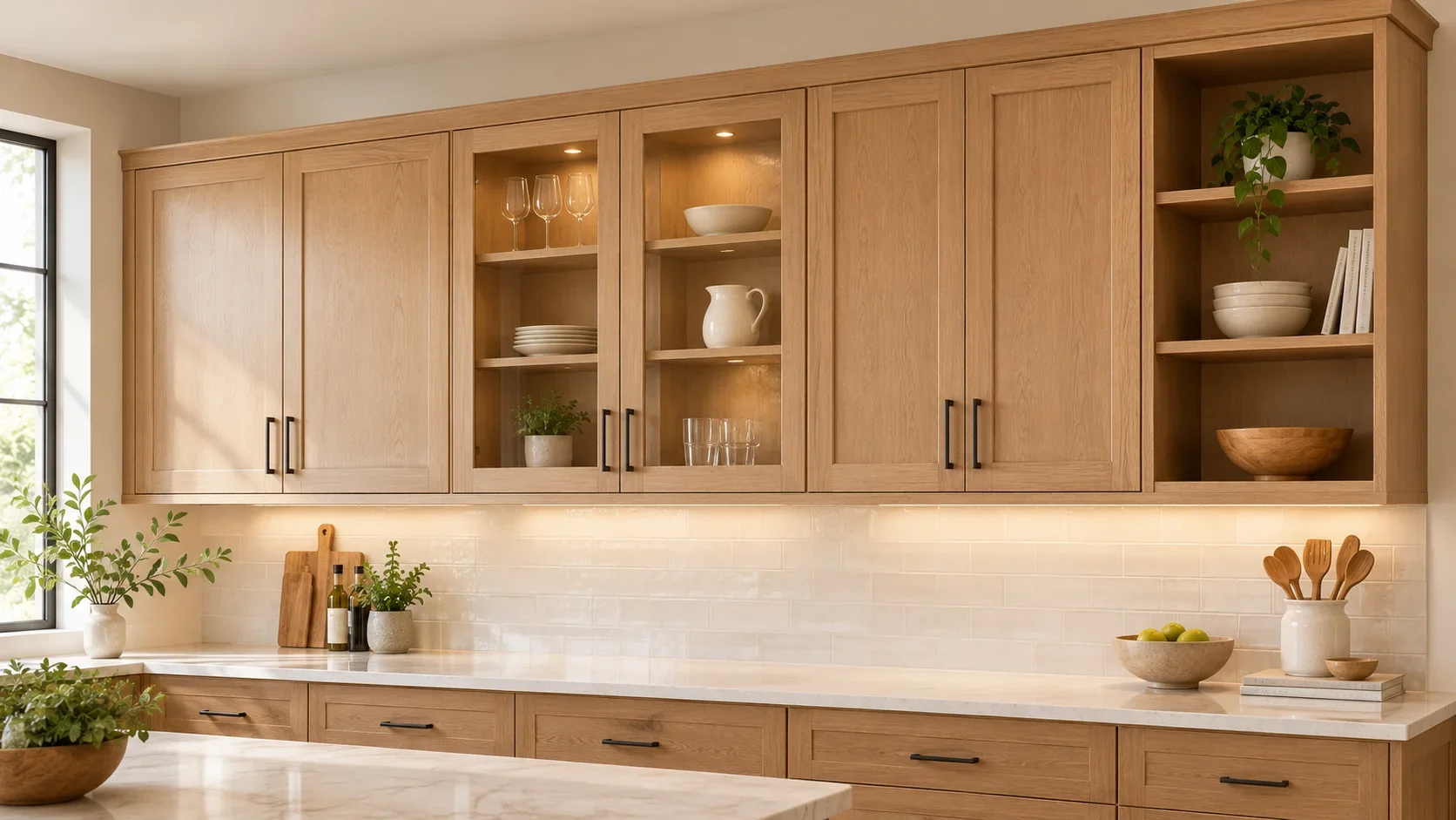 Different wall cabinet types including standard, glass front, and open shelving